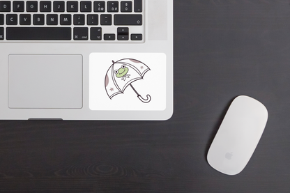 Sticker décoratif montrant une grenouille souriante sous un parapluie pastel iridescent