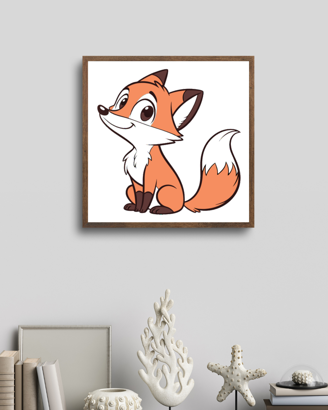 Cadre décoratif montrant un renard dessiné assis dans une forêt magique