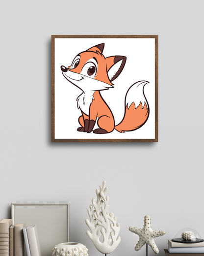 Cadre décoratif montrant un renard dessiné assis dans une forêt magique