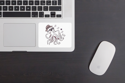 Sticker avec poulpe Kawaii jazzy jouant du saxo dans une ambiance marine