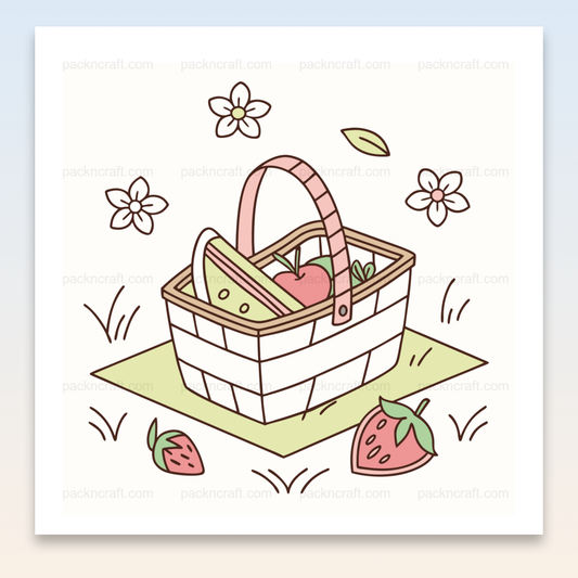 Illustration de panier pique-nique joyeux, style pastel, usage déco estival.