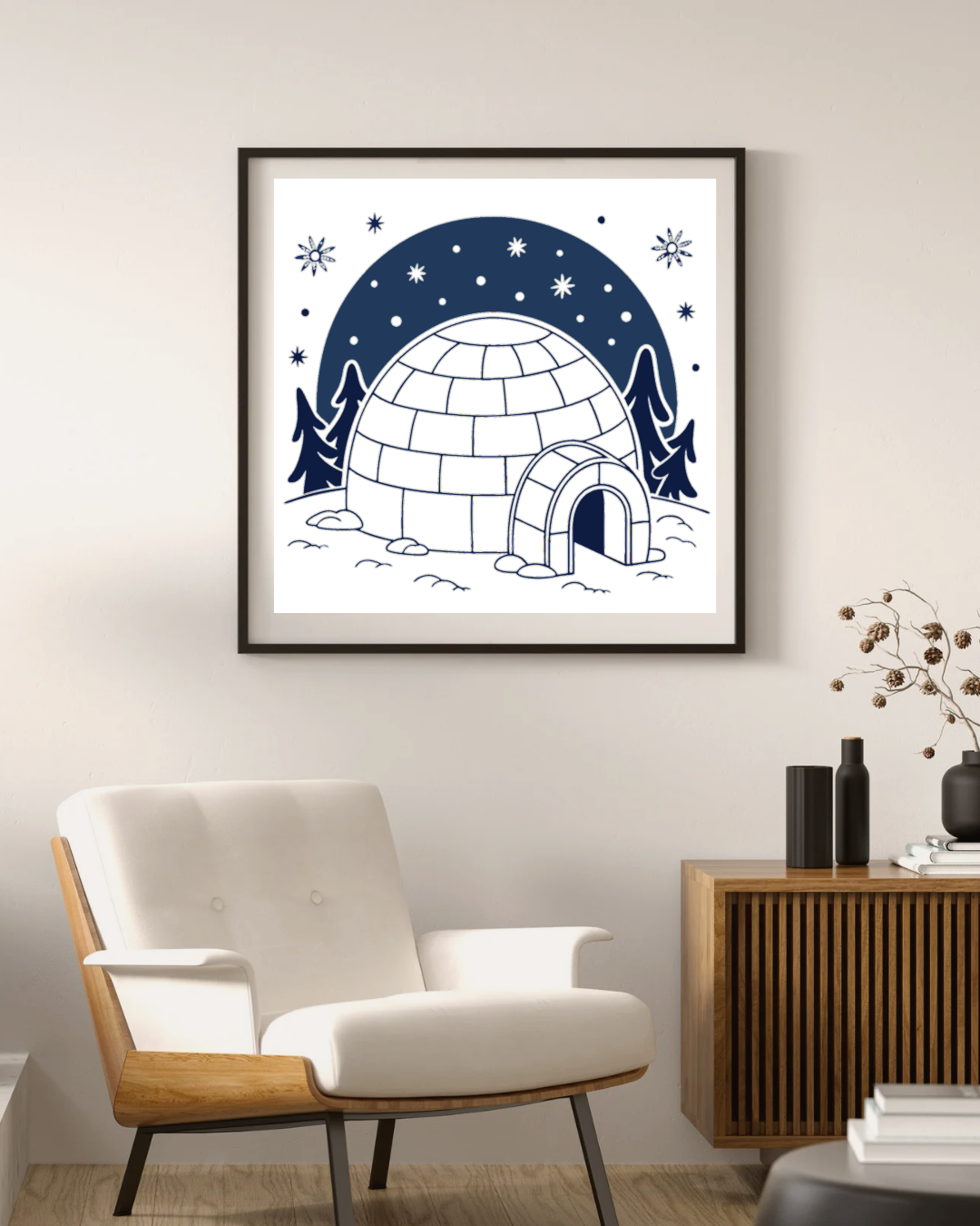Cadre avec motif feutré d'igloo et flocons sous étoiles pour une déco hivernale