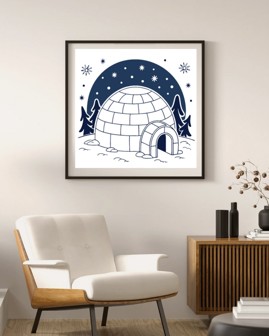 Cadre avec motif feutré d'igloo et flocons sous étoiles pour une déco hivernale