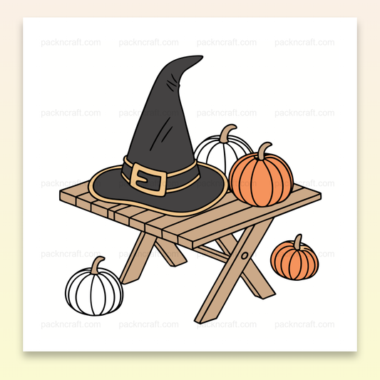 Illustration d'un chapeau de sorcière et citrouilles sur table pour Halloween.