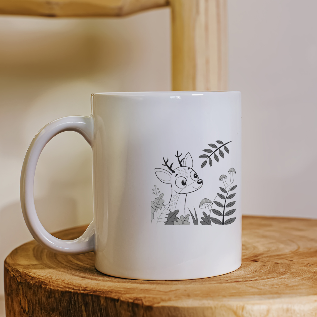 Mug avec un faon curieux style doodle dans une ambiance nature paisible
