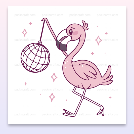 Flamant rose dansant avec une boule disco, illustration festive et vectorielle.