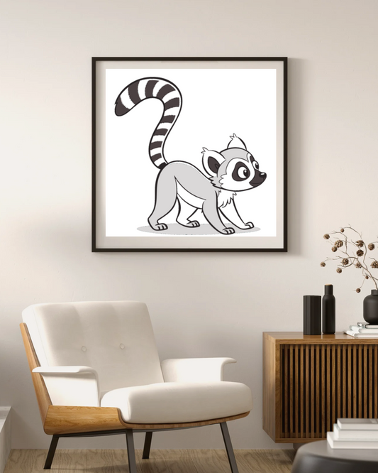 Cadre décoratif avec lémurien curieux en motif monochrome pour une touche exotique