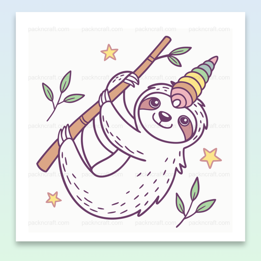 Illustration d'un paresseux avec une corne colorée, style pastel, usage décoratif.