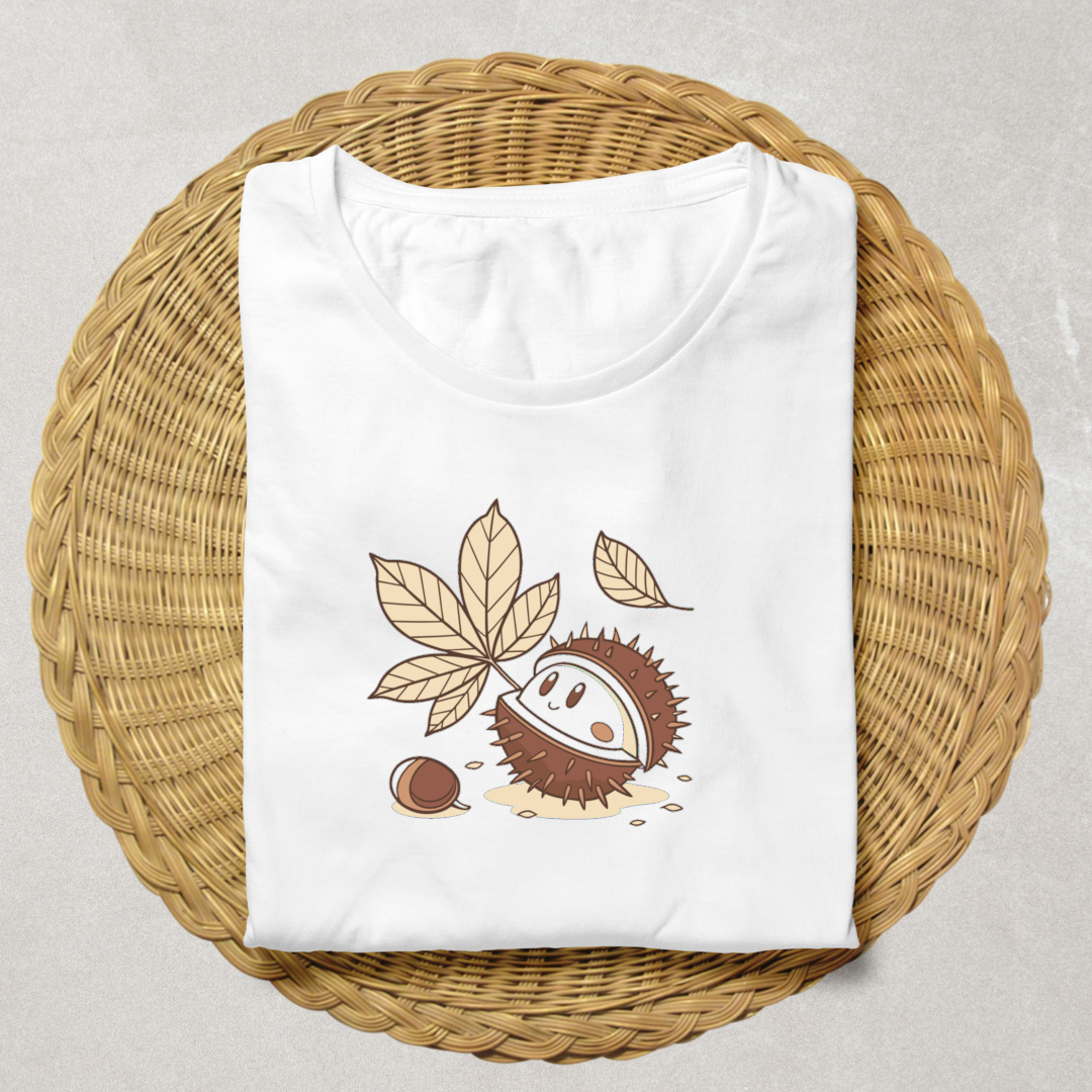 T-shirt avec design automnal châtaigne joyeuse en style vectoriel doux