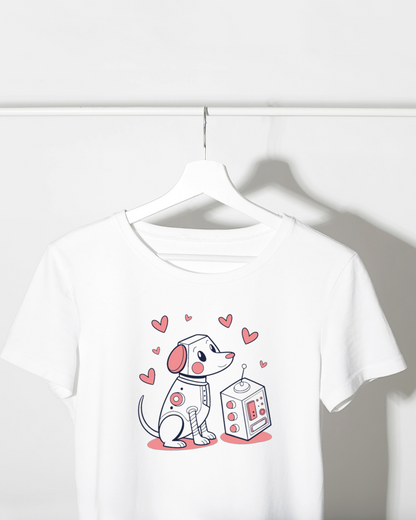 T-shirt avec un chien robot kawaii stylisé évoquant l'amitié et l'originalité