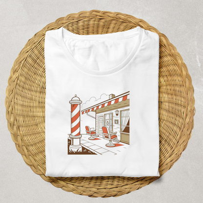 T-shirt avec design barbier rétro, parfait pour les amateurs de vintage.