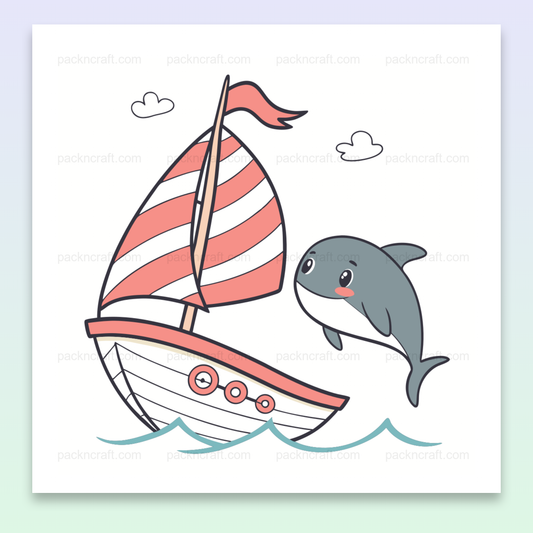 Illustration maritime d'un dauphin et voilier, usage en déco marine ou projets DIY