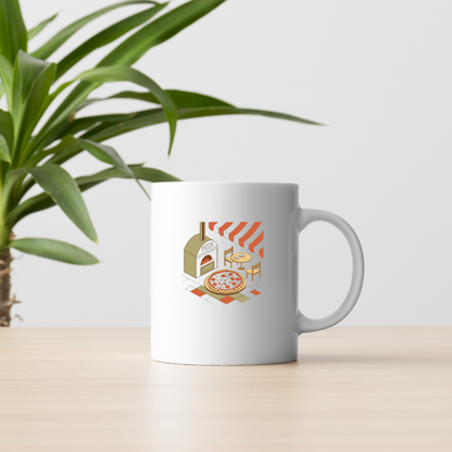 Illustration de pizza sur mug, ambiance bistro vintage.