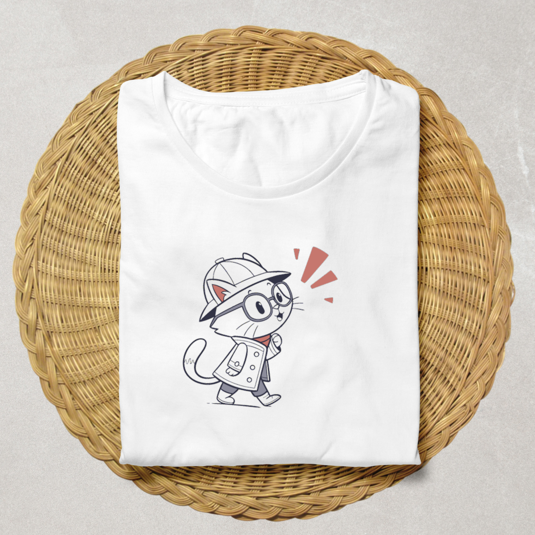T-shirt aventure enfantine avec chat curieux en style doodle explorateur