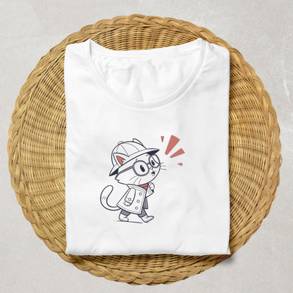 T-shirt aventure enfantine avec chat curieux en style doodle explorateur