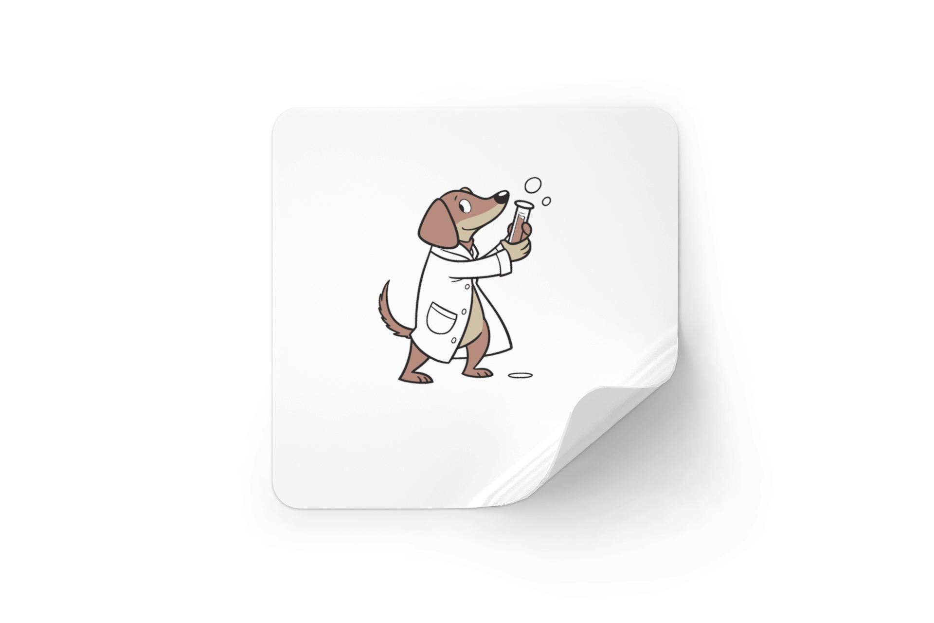 Sticker avec un chien drôle tenant une éprouvette dans un style scientifique ludique