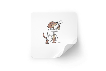 Sticker avec un chien drôle tenant une éprouvette dans un style scientifique ludique