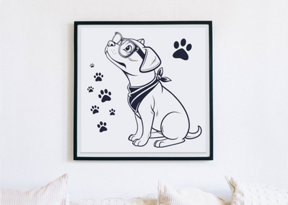 Cadre avec chien minimaliste et lunettes ajoutant une touche joviale à la déco murale