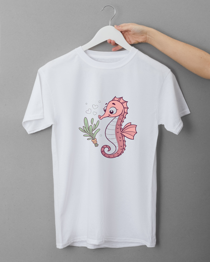 T-shirt marine avec illustration charmante d’hippocampe style doux et original