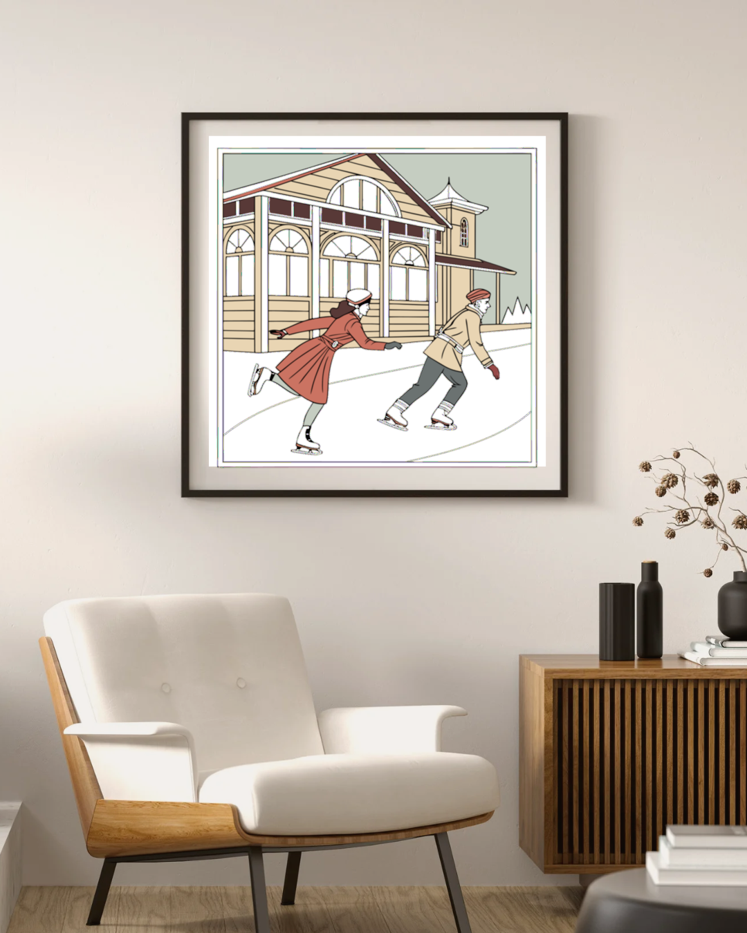 Affiche encadrée de patineurs vintage, ajout élégant à tout intérieur.