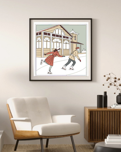 Affiche encadrée de patineurs vintage, ajout élégant à tout intérieur.