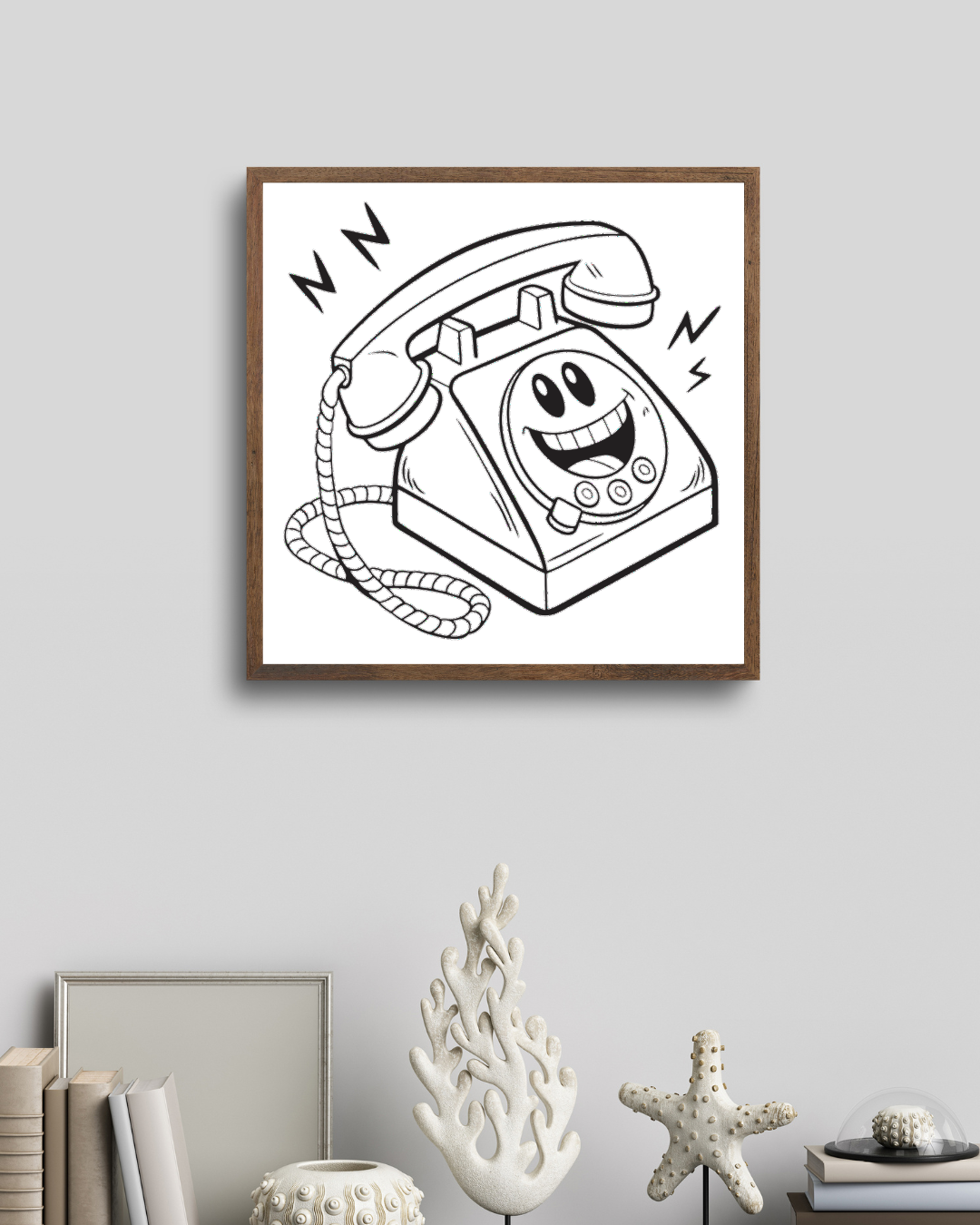Cadre avec dessin cartoon esprit rétro d'un téléphone souriant et joyeux