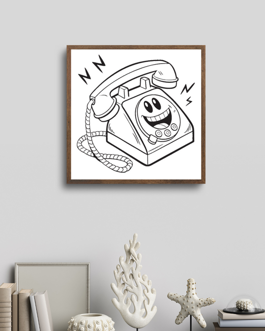 Cadre avec dessin cartoon esprit rétro d'un téléphone souriant et joyeux