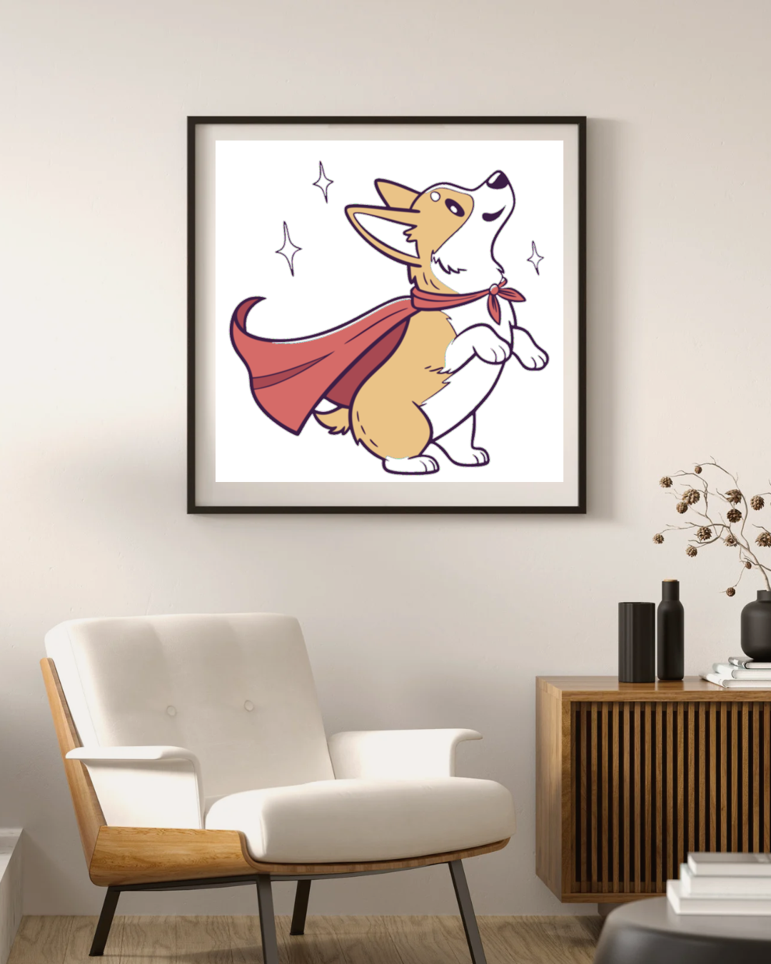 Cadre décoratif avec corgi héroïque joyeux, parfait pour les amoureux de chiens