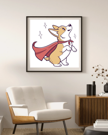 Cadre décoratif avec corgi héroïque joyeux, parfait pour les amoureux de chiens