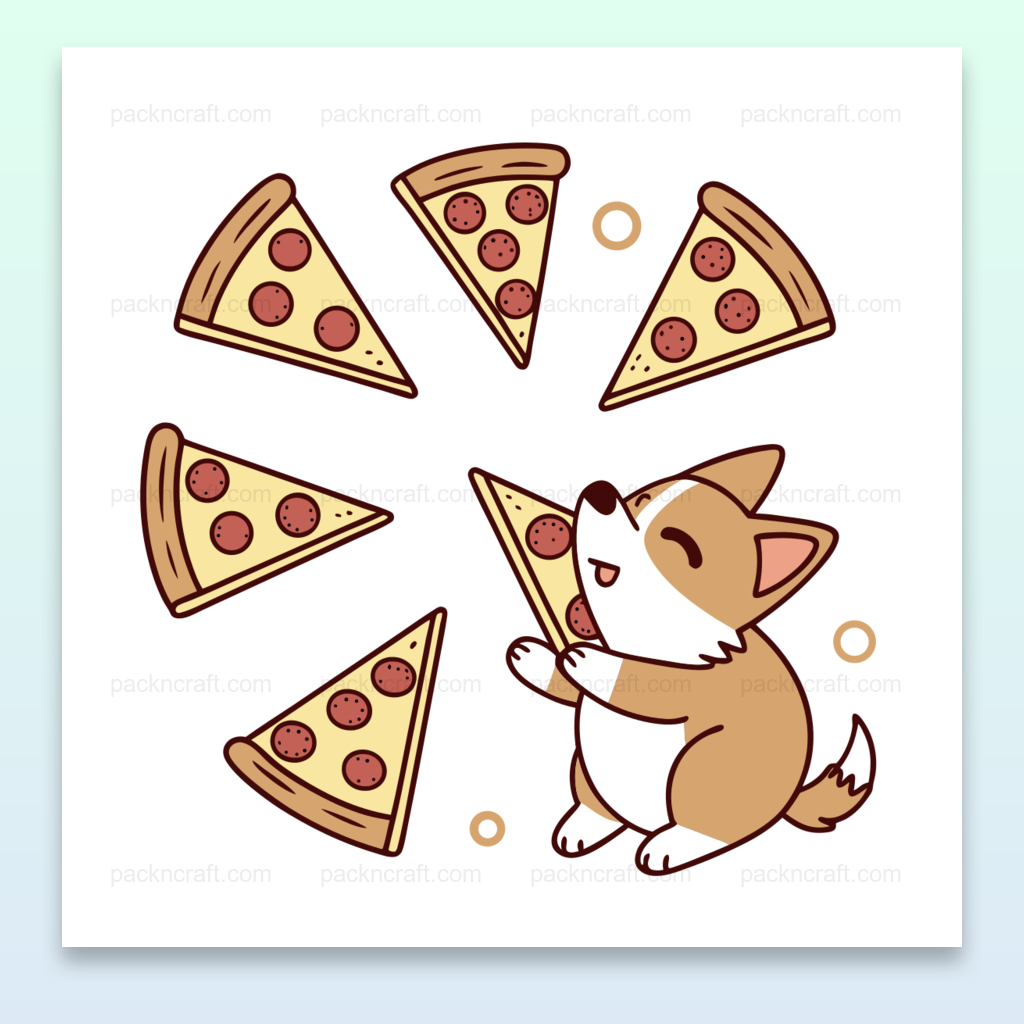 Illustration d'un chien heureux câlinant une pizza, parfait pour projets créatifs et éducatifs