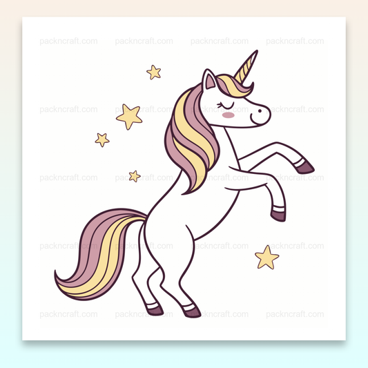 Illustration vectorielle d'une licorne dansante entourée d'étoiles, idéale pour papeterie et projets créatifs