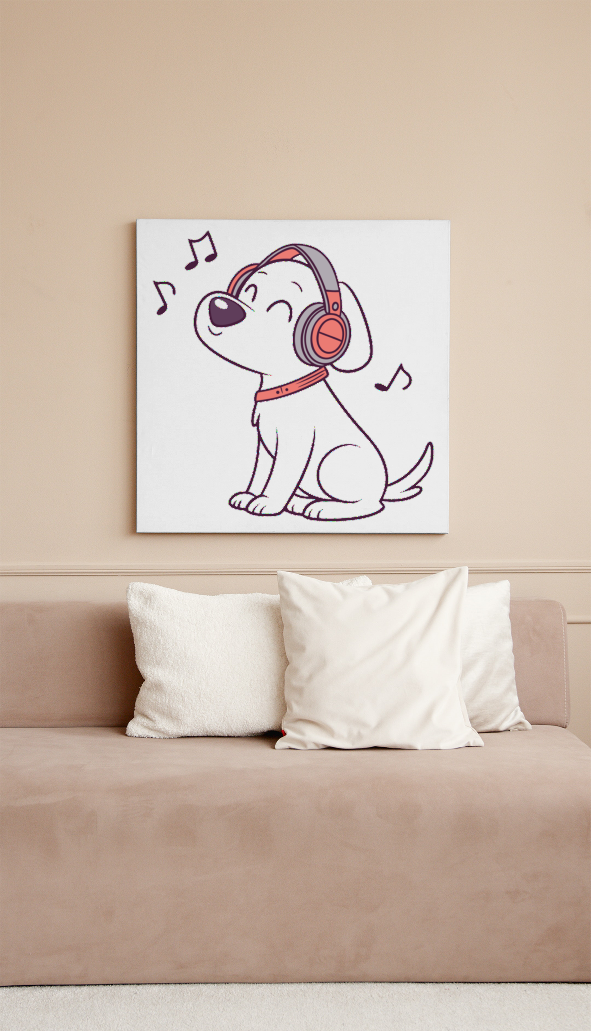 Cadre déco style vectoriel avec chien aimant la musique portant un casque