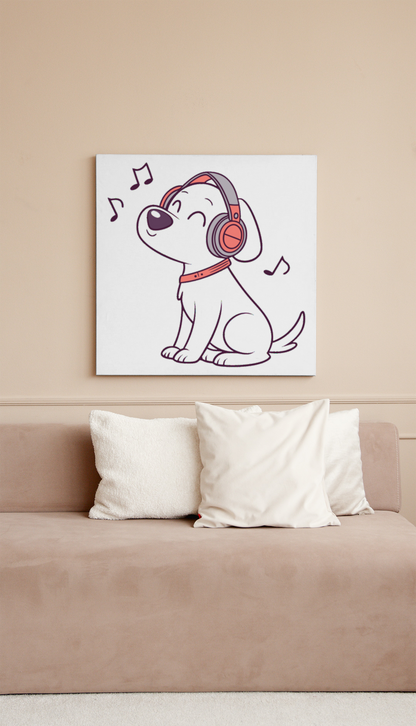 Cadre déco style vectoriel avec chien aimant la musique portant un casque