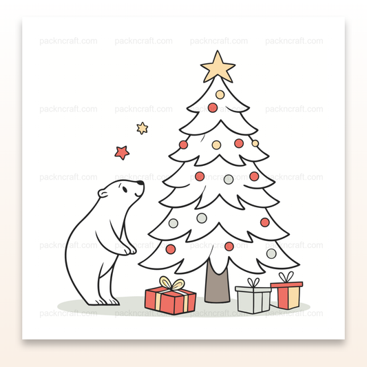 Illustration d'un ours rêveur et sapin de Noël, idéal pour décorations et DIY.