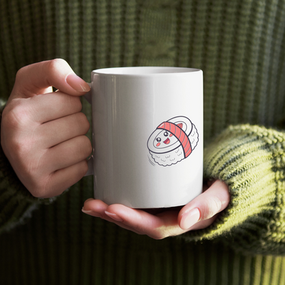 Mug avec sushi kawaii au visage heureux flottant dans un style adorable et charmant