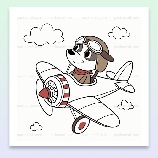 Illustration d'un chien joyeux pilotant un avion, idéale pour les projets créatifs et éducatifs.