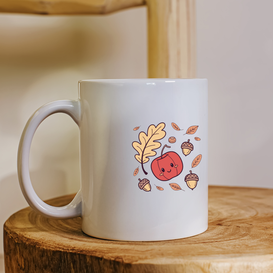 Mug décoré d'une citrouille joyeuse et feuilles style kawaii automnal