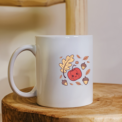 Mug décoré d'une citrouille joyeuse et feuilles style kawaii automnal