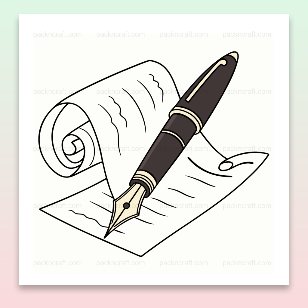 Illustration stylos plume et notes enroulées, idéale pour papeterie et décoration.