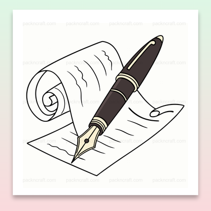 Illustration stylos plume et notes enroulées, idéale pour papeterie et décoration.