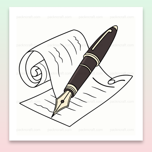 Illustration stylos plume et notes enroulées, idéale pour papeterie et décoration.