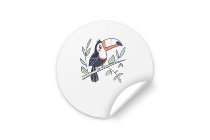 Sticker décoratif exotique mettant en scène un toucan curieux sur fond jungle chic