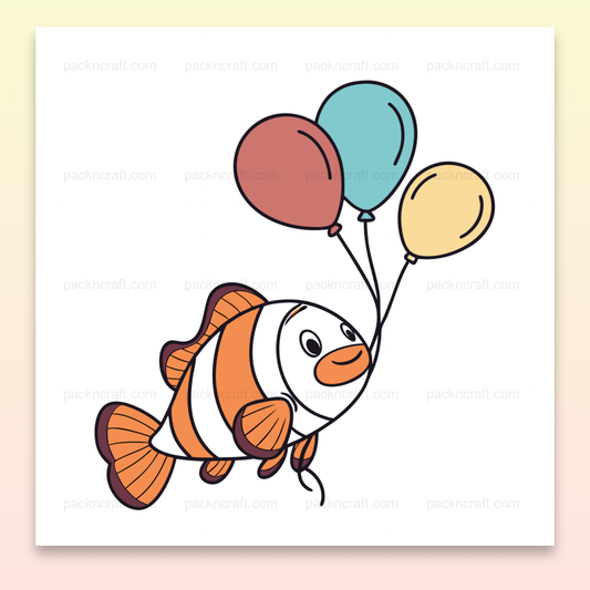 Illustration de poisson clown tenant des ballons dans un style cartoon pour projets DIY et décorations