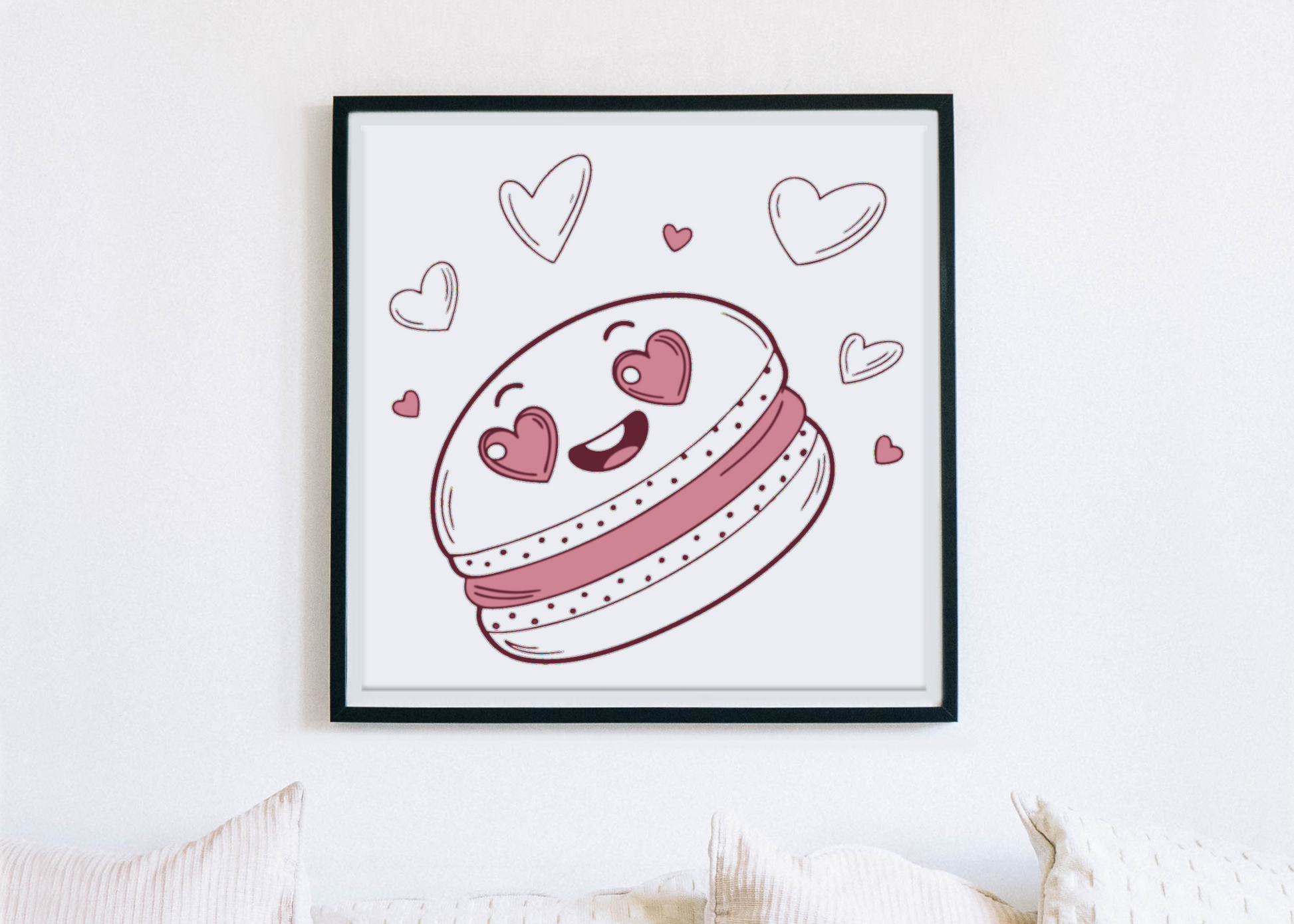 Cadre décoratif illustré d'un macaron kawaii avec un style doodle amical