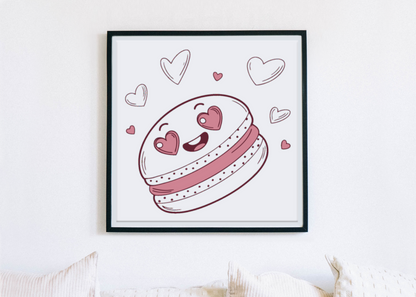 Cadre décoratif illustré d'un macaron kawaii avec un style doodle amical