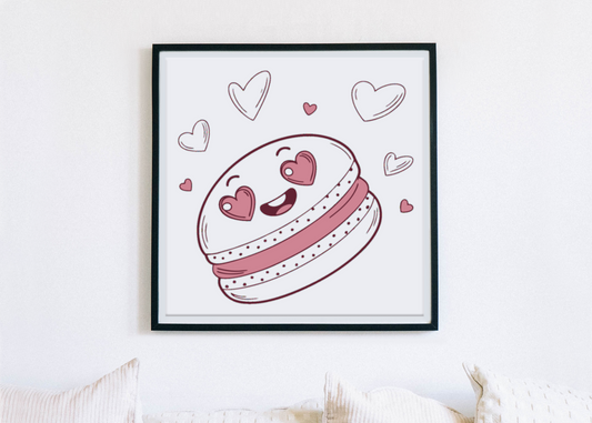 Cadre décoratif illustré d'un macaron kawaii avec un style doodle amical