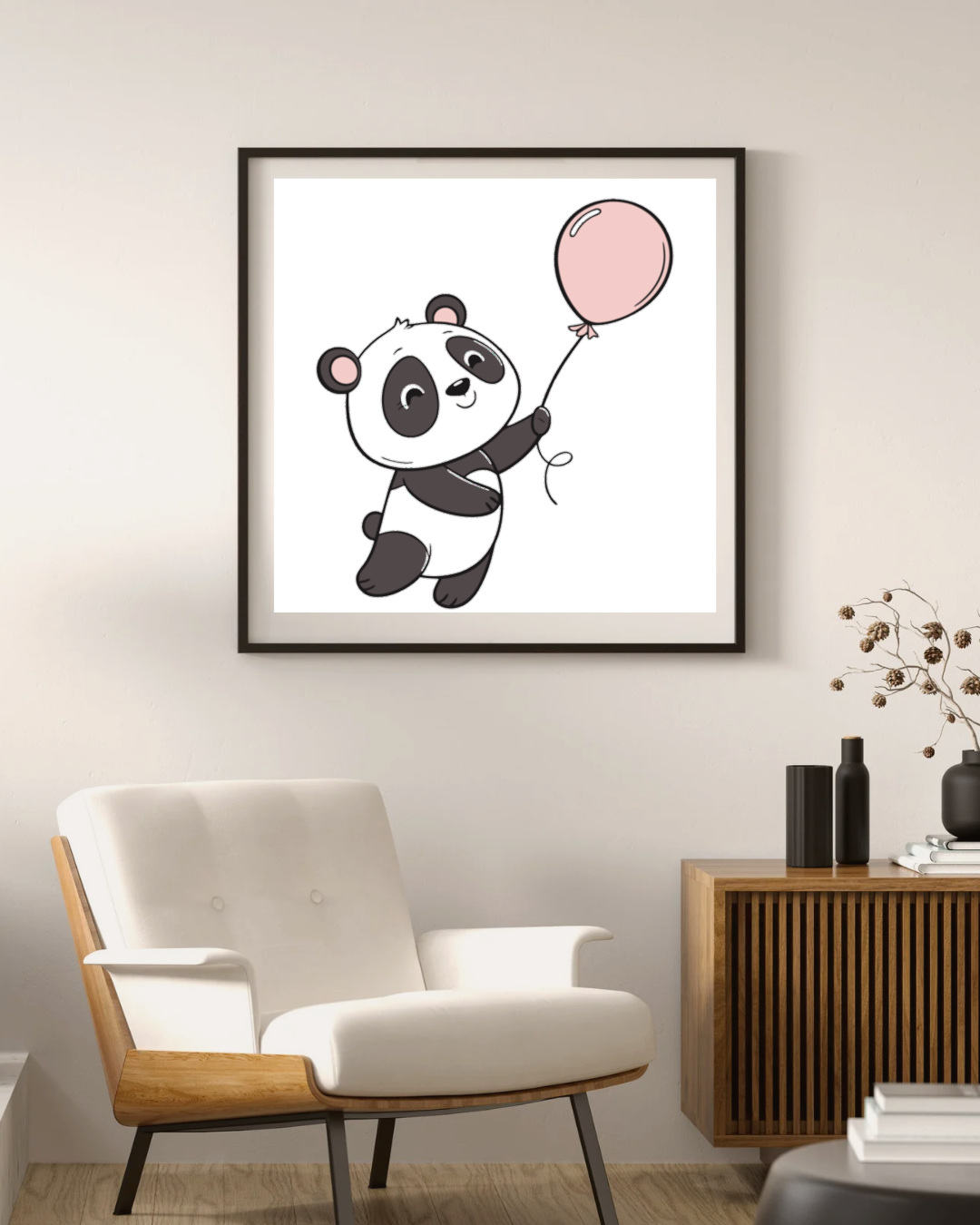 Poster encadré panda kawaii avec ballon, ajout adorable à votre déco.