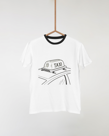 Illustration de l'enseigne taxi sur t-shirt, style vintage, Signalétique taxi vintage pour décorer un espace urbain, Affiche rétro avec enseigne de taxi, idéale pour les intérieurs, Illustration sur mug avec motif taxi, style unique, Sticker d'une enseigne de taxi, parfait pour DIY et déco