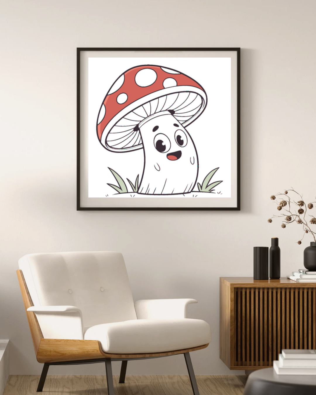 Cadre décoratif avec un champignon souriant style kawaii inspiré par la nature