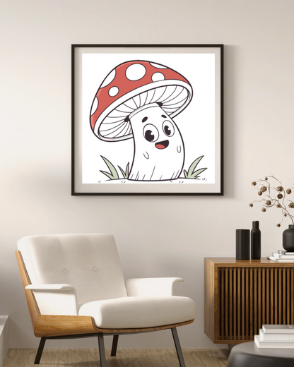 Cadre décoratif avec un champignon souriant style kawaii inspiré par la nature